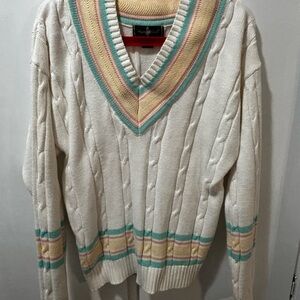 Vintage Hunt Club Cream V-Neck Sweater with Pastel Stripes